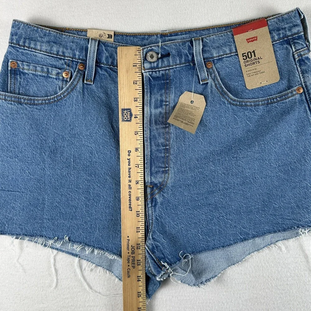 Levi's 501 Shorts Womens 34 Blue Denim High Rise Cutoff Button Fly Raw Hem